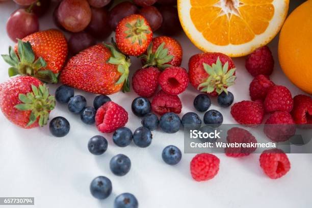 Close-up of various types of fruits on white background